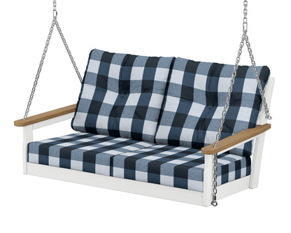 POLYWOOD® Vineyard Deep Seating Swing in White / Natural / Buffalo Plaid Marine Indigo