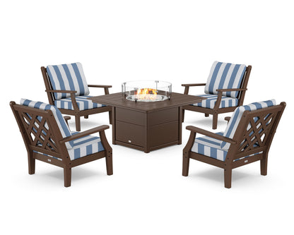 Country Living Wovendale 5-Piece Deep Seating Set with Fire Pit Table in Mahogany / Cabana Stripe Sky Blue
