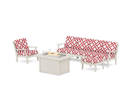 POLYWOOD® Braxton Sectional Lounge and Fire Pit Set in Sand / Trellis Crimson