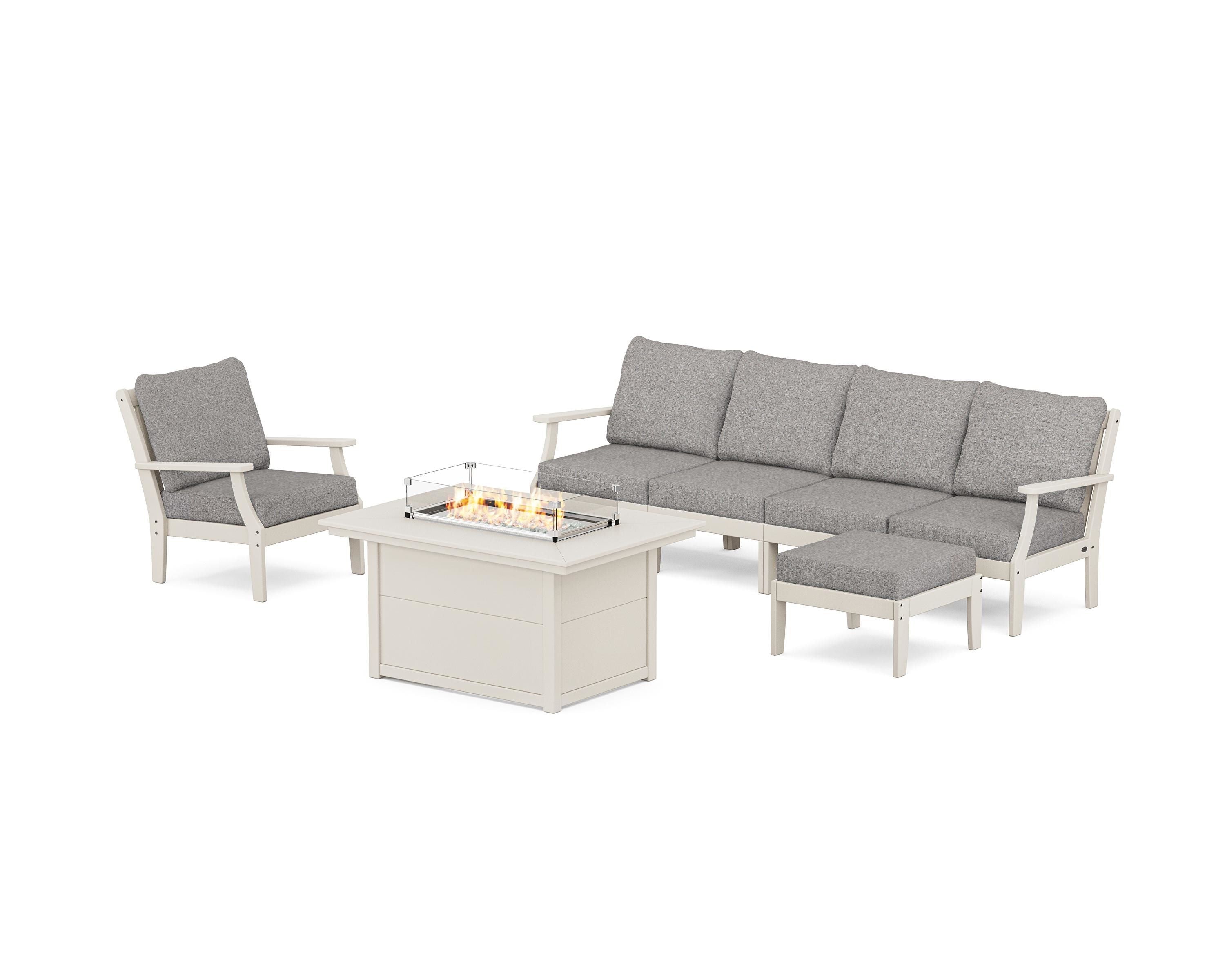 POLYWOOD® Braxton Sectional Lounge and Fire Pit Set in Sand / Grey Mist