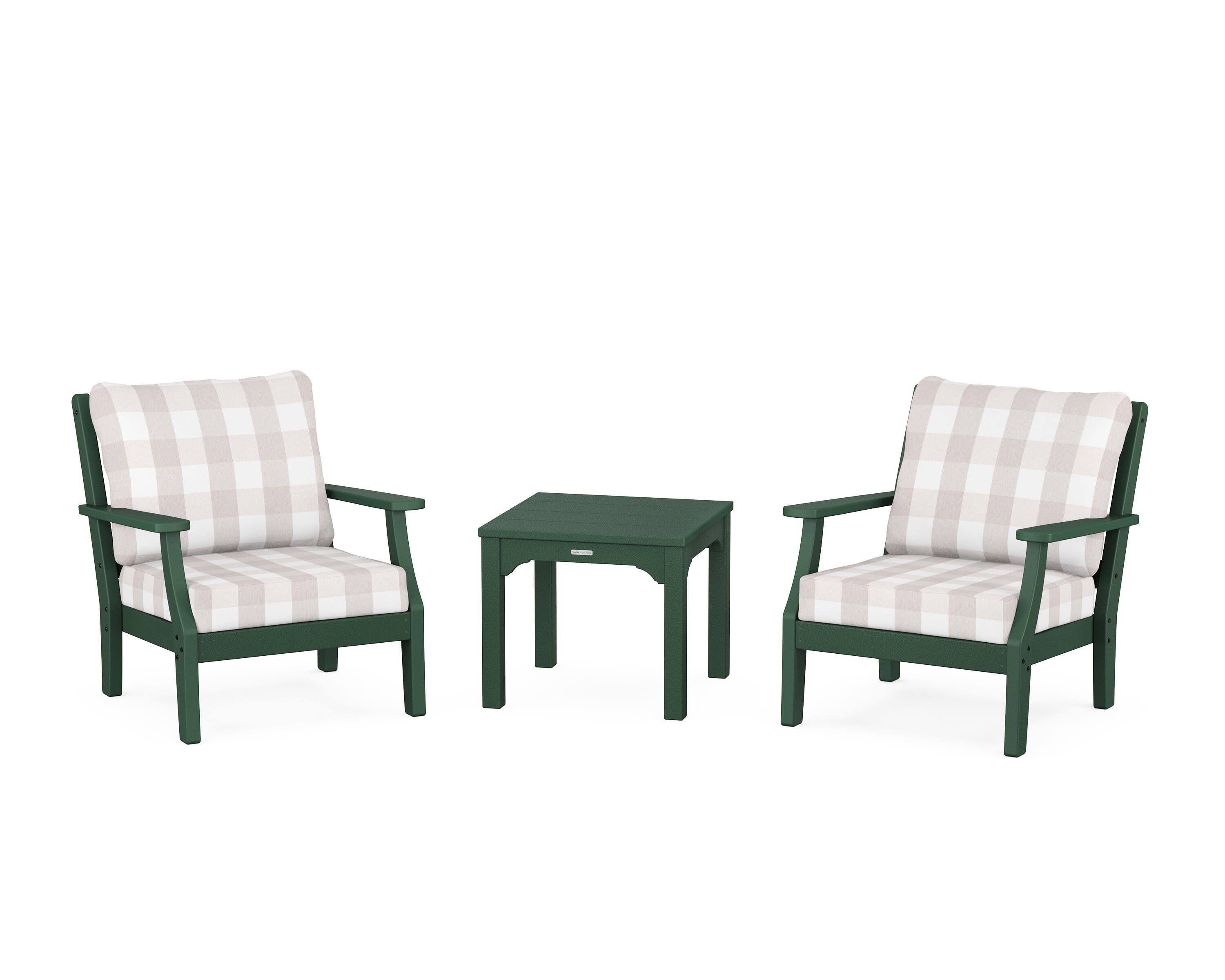 Martha Stewart by POLYWOOD® Chinoiserie 3-Piece Deep Seating Set in Green / Buffalo Plaid Dune Burlap