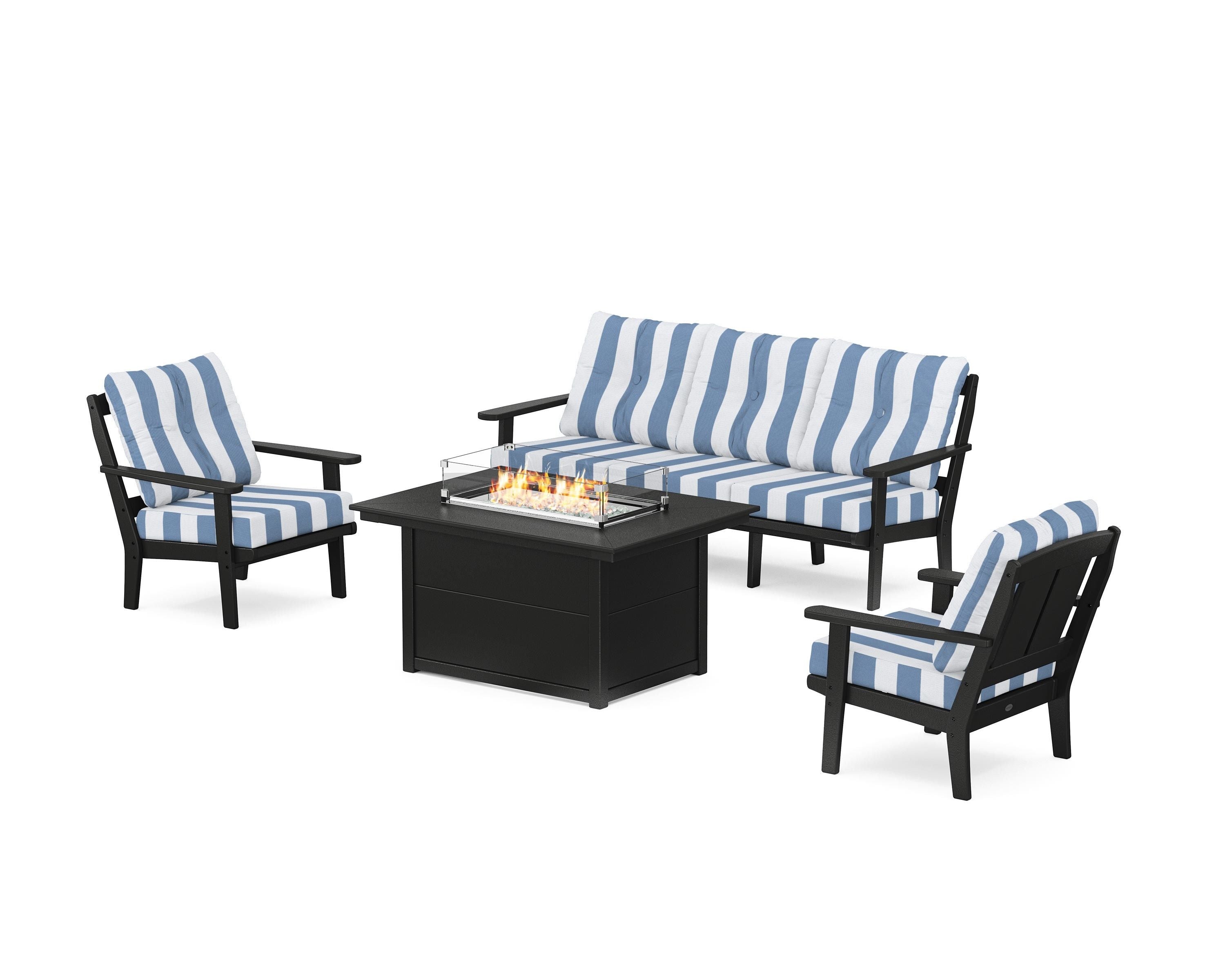 POLYWOOD® Mission Deep Seating Fire Pit Table Set in Black / Cabana Stripe Sky Blue