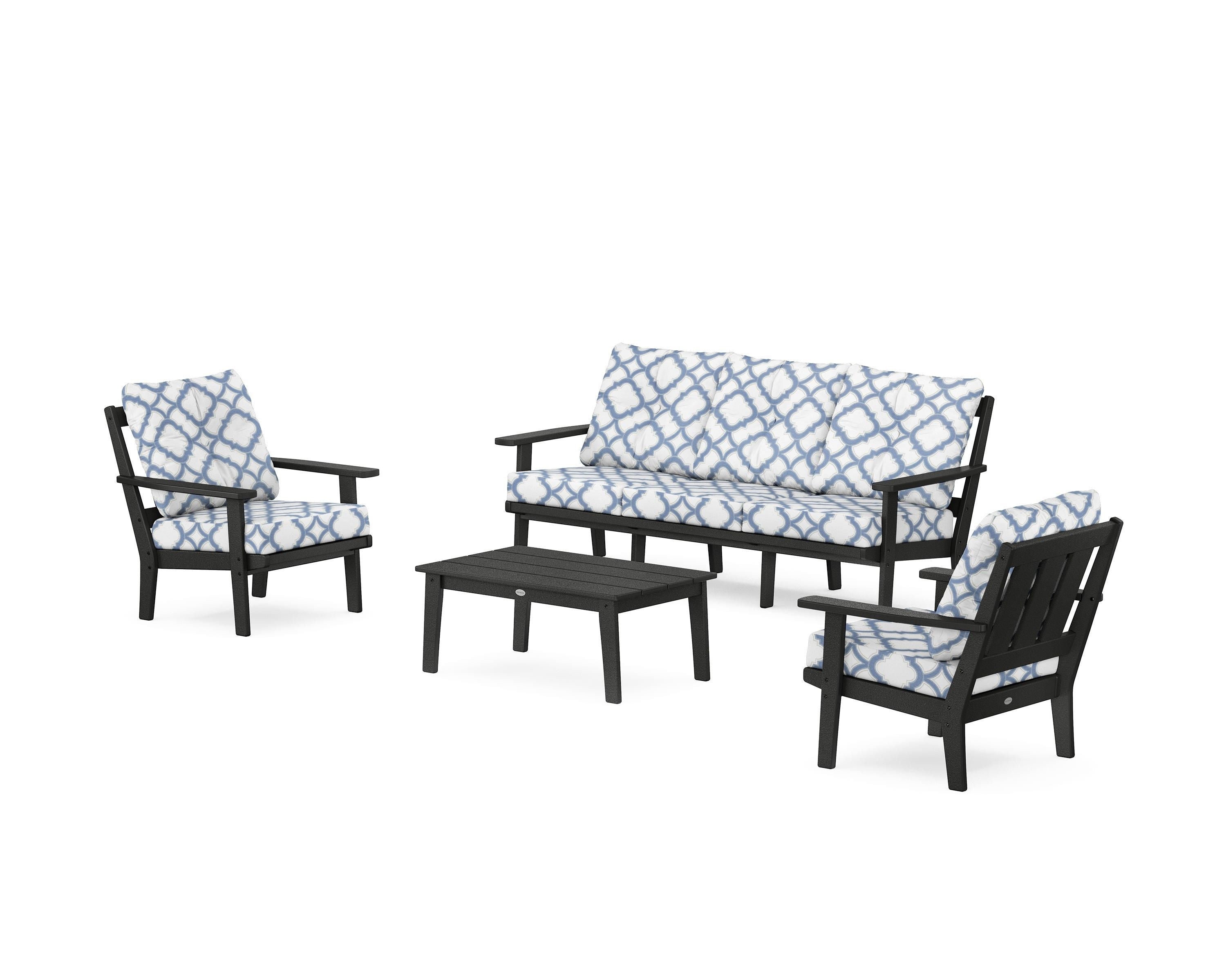 POLYWOOD® Oxford 4-Piece Deep Seating Set with Sofa in Black / Trellis Sky Blue