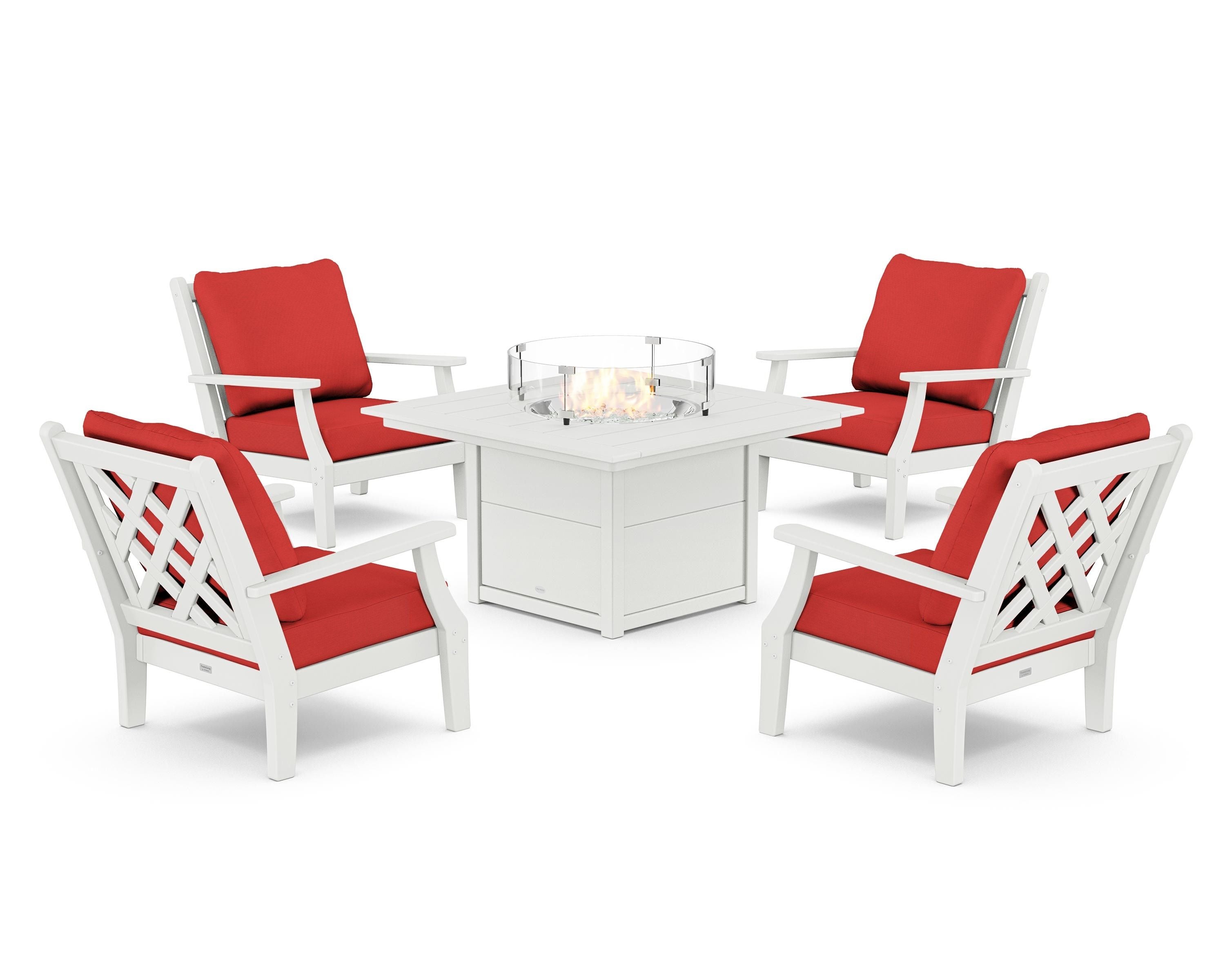 Country Living Wovendale 5-Piece Deep Seating Set with Fire Pit Table in White / Crimson Linen