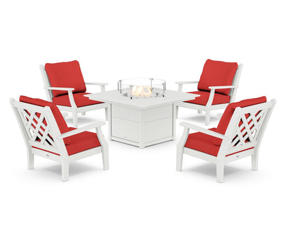 Country Living Wovendale 5-Piece Deep Seating Set with Fire Pit Table in White / Crimson Linen