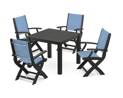 POLYWOOD® Coastal Folding Chair 5-Piece Parsons Dining Set in Black / Poolside Sling