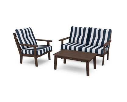POLYWOOD® Lakeside 3-Piece Deep Seating Set in Mahogany / Cabana Stripe Marine Indigo