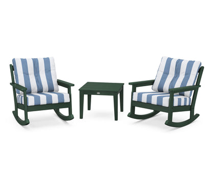 POLYWOOD® Vineyard 3-Piece Deep Seating Rocker Set in Green / Cabana Stripe Sky Blue