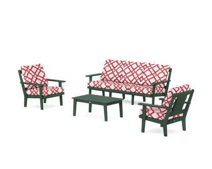 POLYWOOD® Prairie 4-Piece Deep Seating Set with Sofa in Green / Trellis Crimson