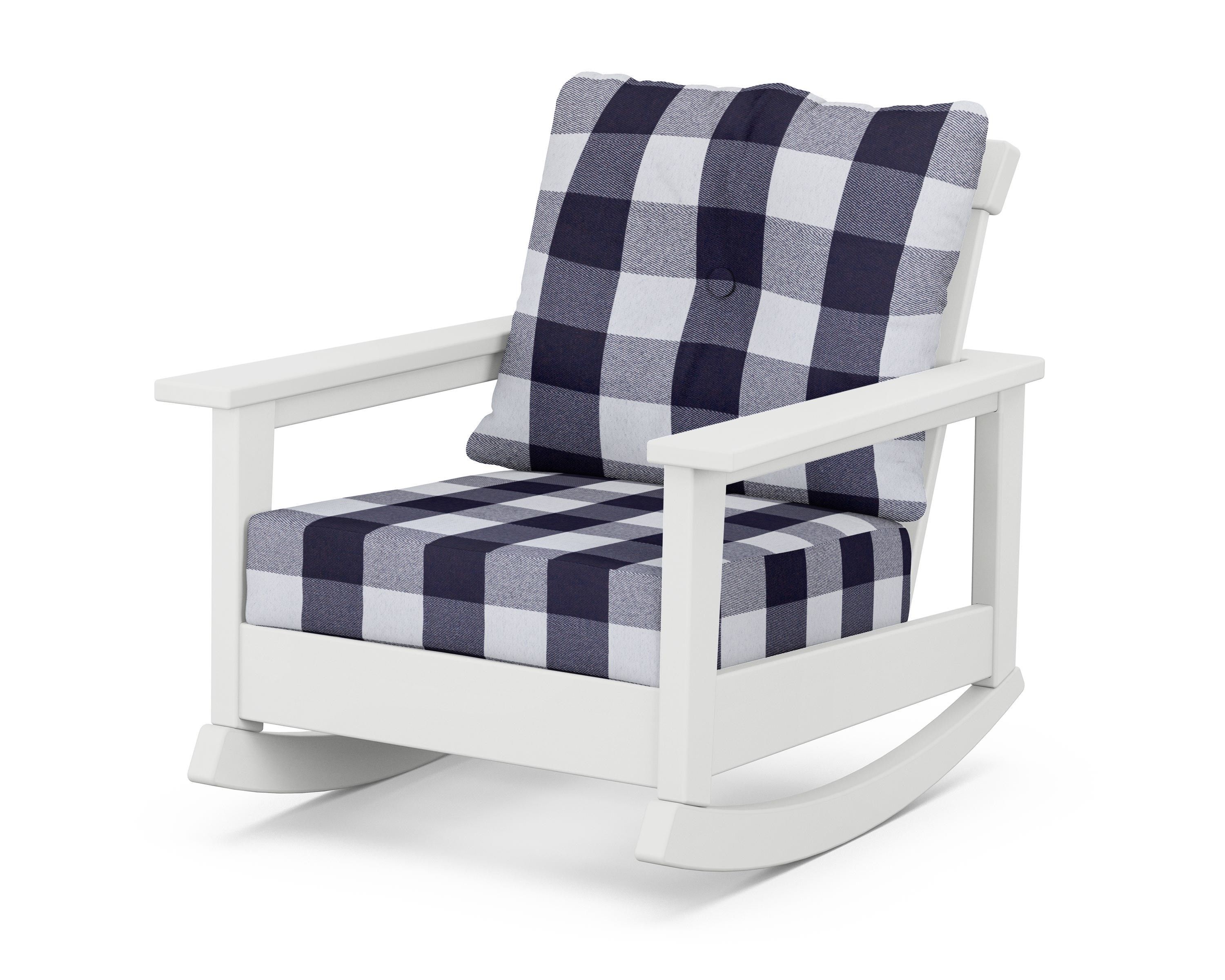 POLYWOOD® Prescott Deep Seating Rocking Chair in White / Buffalo Plaid Navy