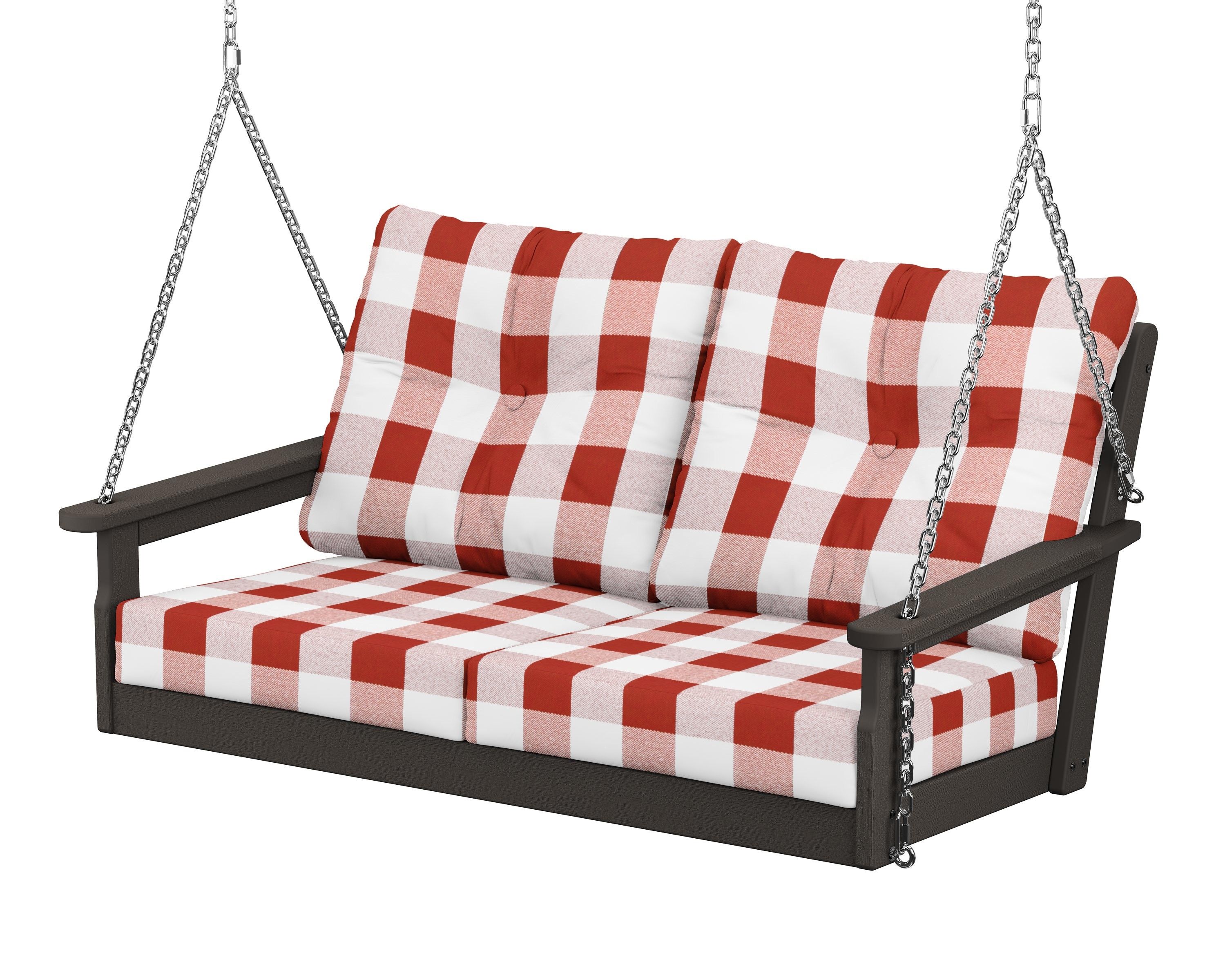 POLYWOOD® Vineyard Deep Seating Swing in Vintage Coffee / Buffalo Plaid Crimson