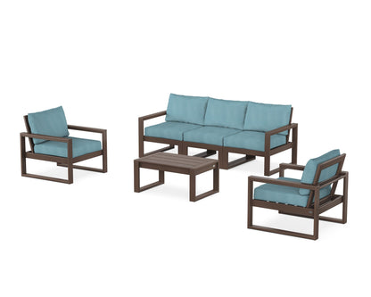POLYWOOD® EDGE Sectional 4-Piece Deep Seating Set with Sofa in Mahogany / Lattice Sky Blue