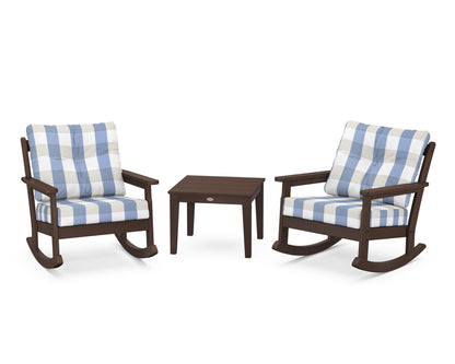 POLYWOOD® Vineyard 3-Piece Deep Seating Rocker Set in Mahogany / Buffalo Plaid Sky Blue