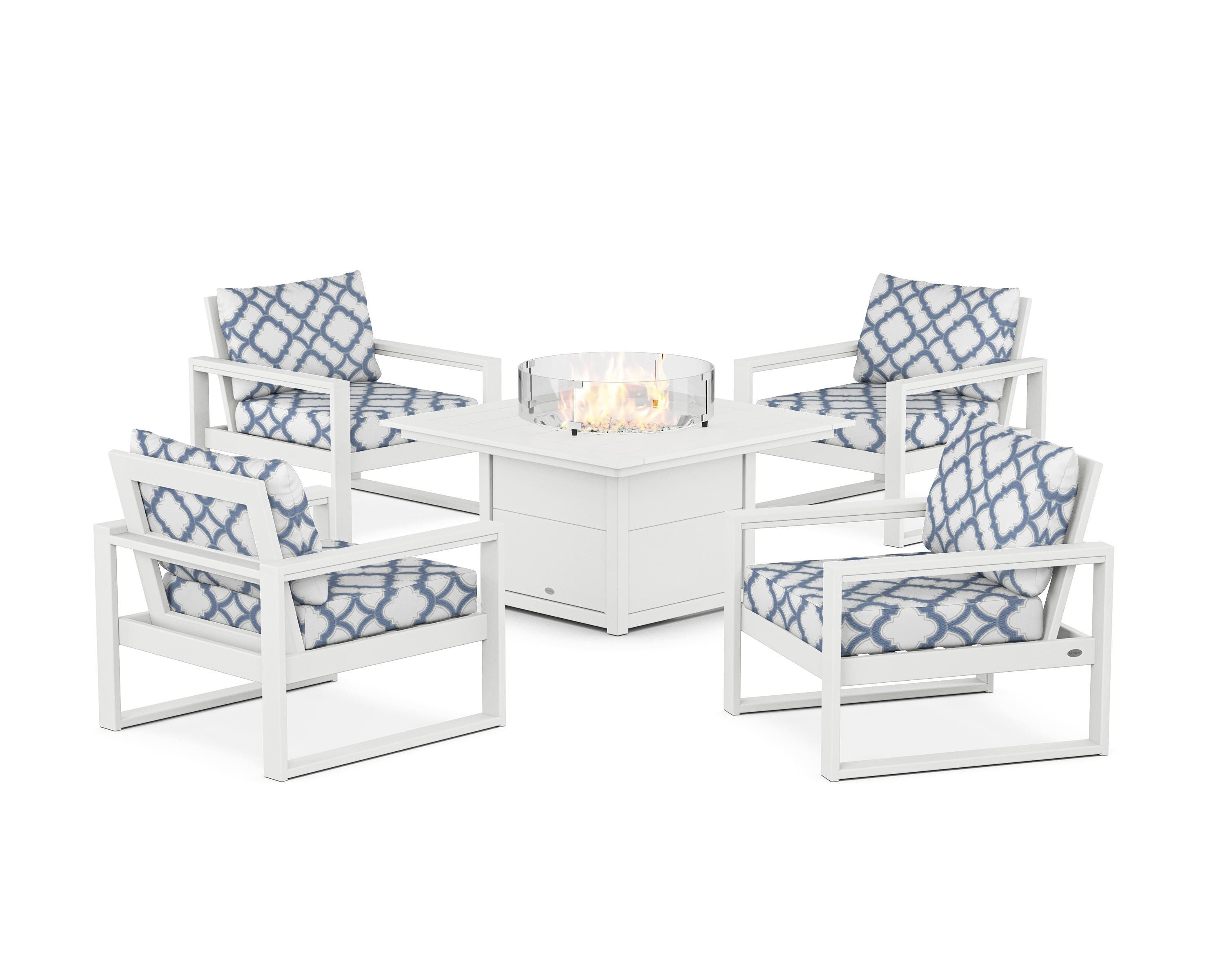 POLYWOOD® EDGE Sectional 5-Piece Deep Seating Set with Fire Pit Table in White / Trellis Sky Blue