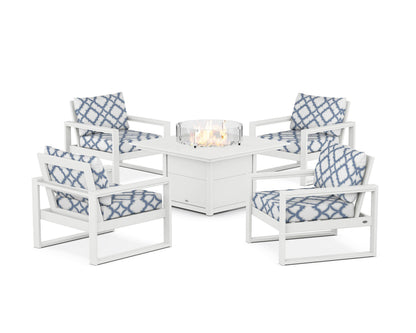 POLYWOOD® EDGE Sectional 5-Piece Deep Seating Set with Fire Pit Table in White / Trellis Sky Blue