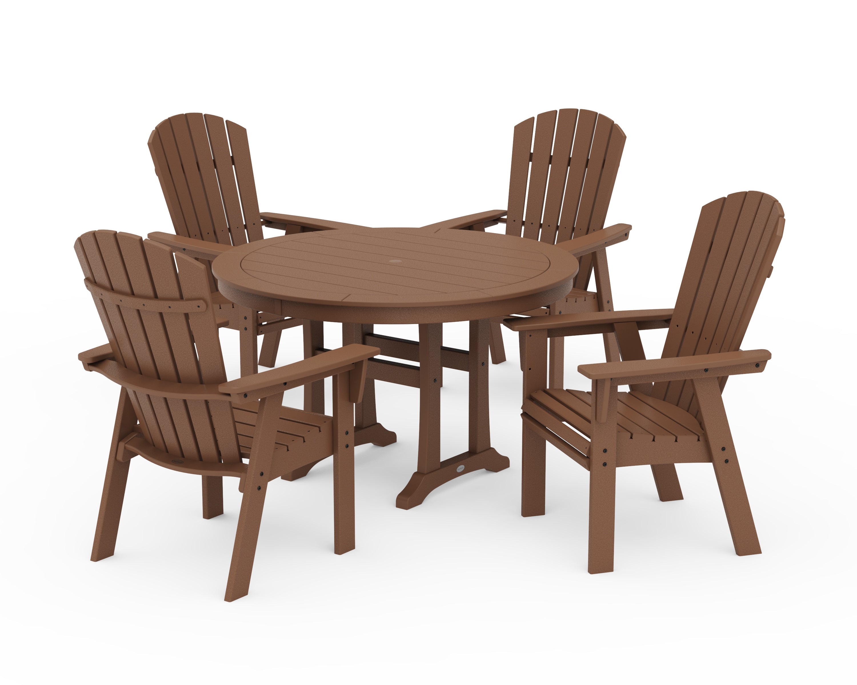 POLYWOOD® Nautical Curveback Adirondack 5-Piece Round Dining Set with Trestle Legs in Teak