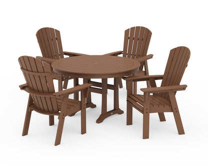 POLYWOOD® Nautical Curveback Adirondack 5-Piece Round Dining Set with Trestle Legs in Teak