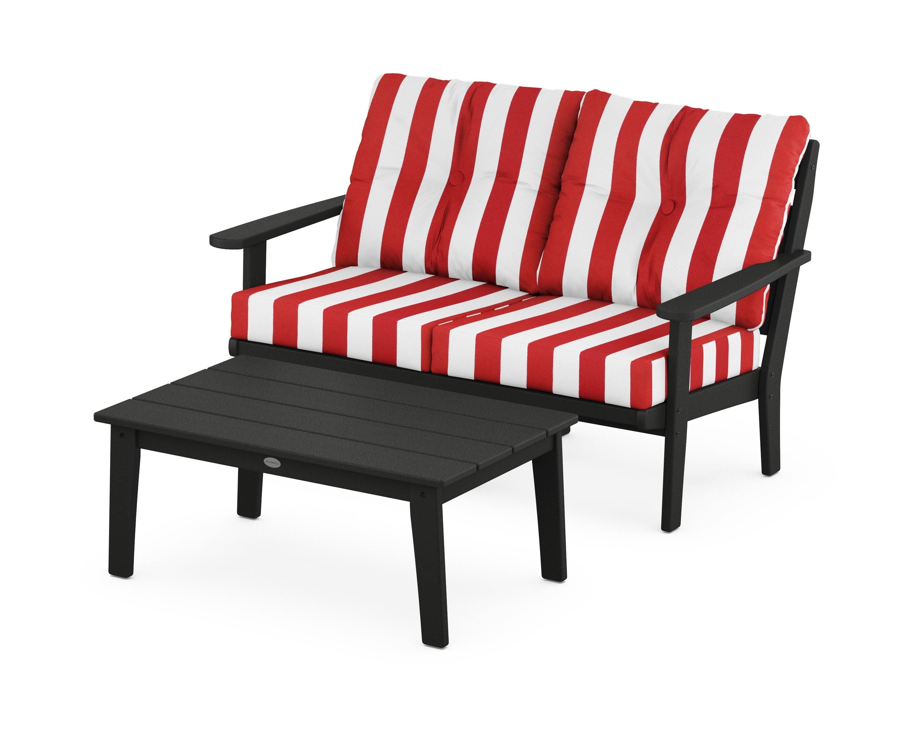 POLYWOOD® Lakeside 2-Piece Lounge Loveseat Set in Black / Cabana Stripe Crimson