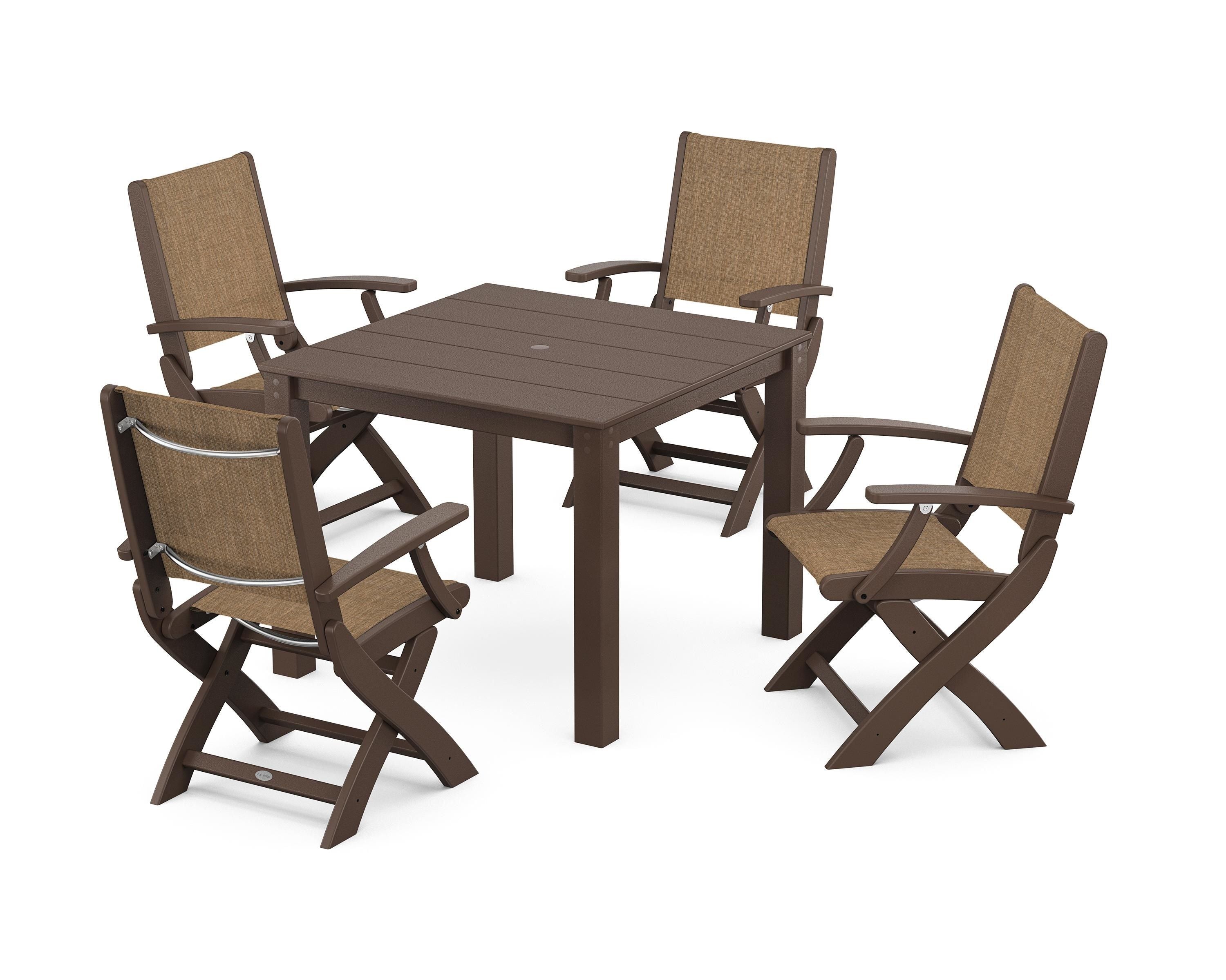 POLYWOOD® Coastal Folding Chair 5-Piece Parsons Dining Set in Mahogany / Burlap Sling