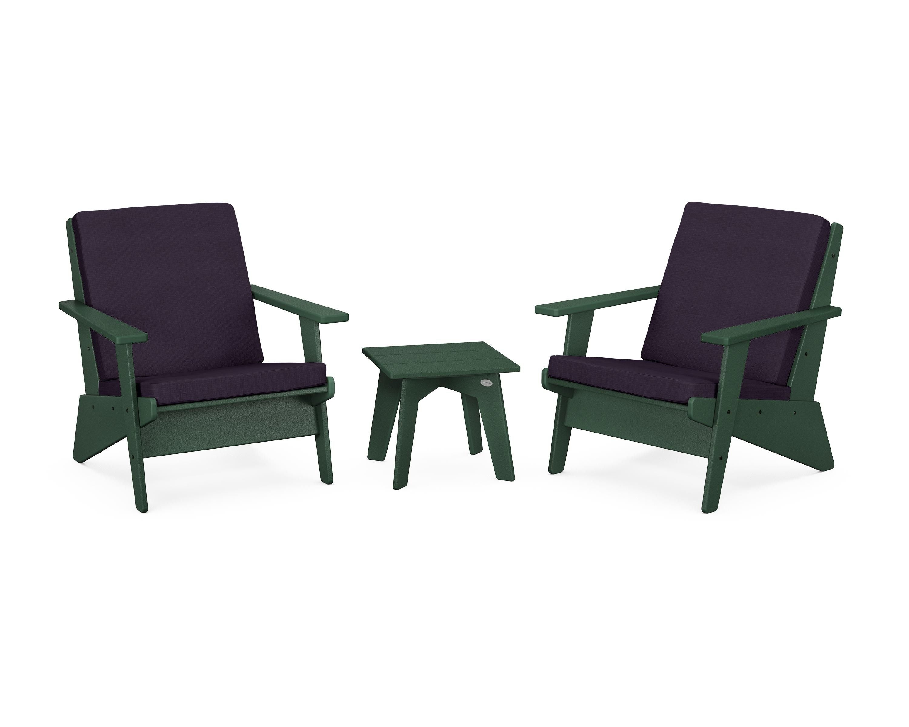POLYWOOD® Riviera Modern Lounge 3-Piece Set in Green / Navy Linen