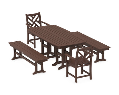 POLYWOOD® Chippendale 5-Piece Dining Set with Benches in Mahogany