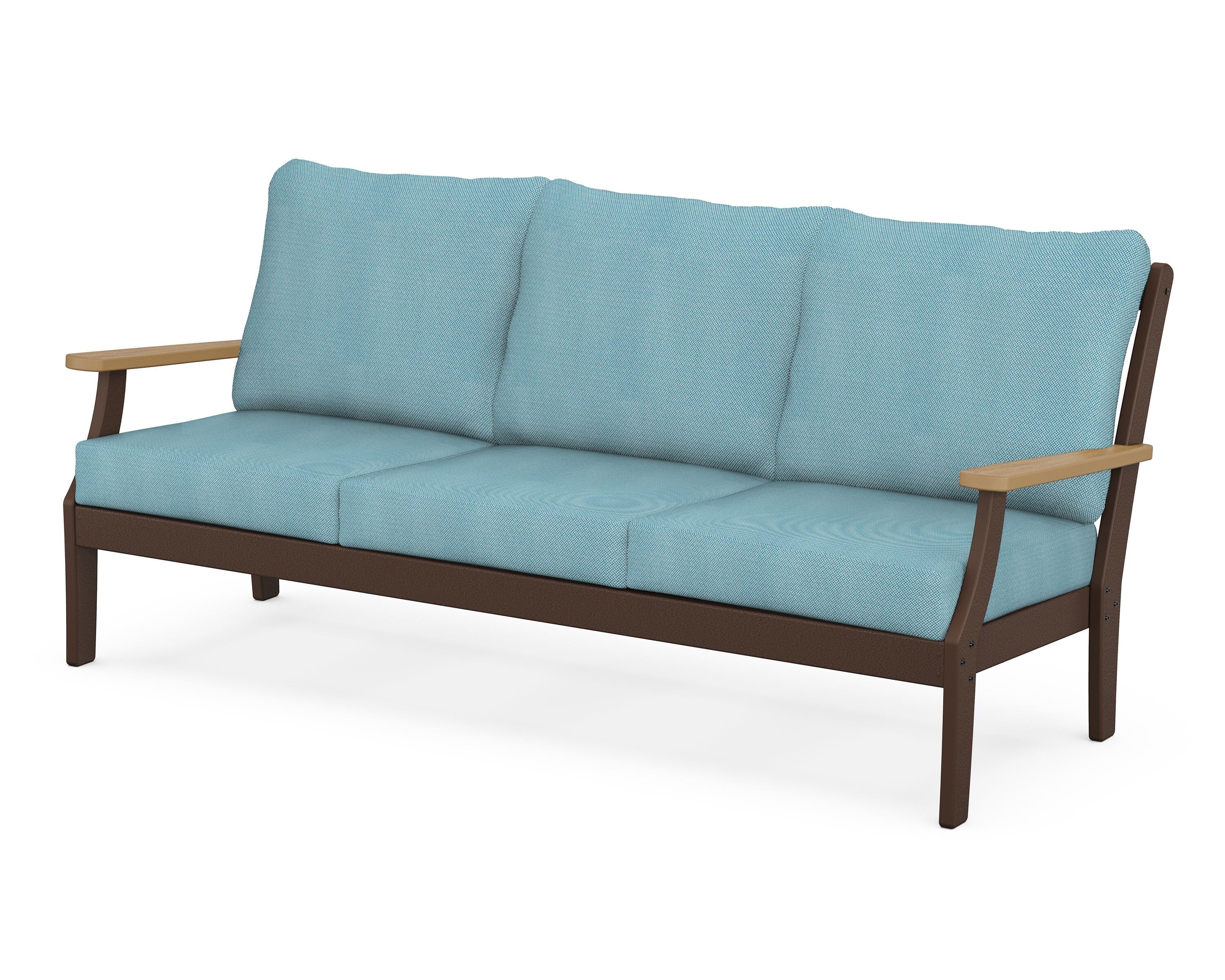 POLYWOOD® Braxton Deep Seating Sofa in Mahogany / Natural / Lattice Sky Blue