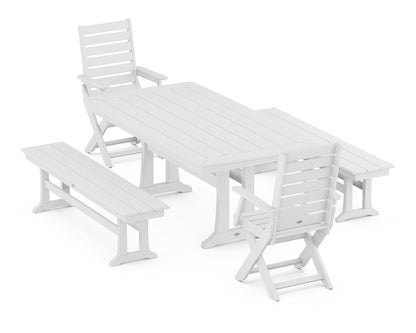 POLYWOOD® Captain Folding Chair 5-Piece Dining Set with Trestle Legs in White