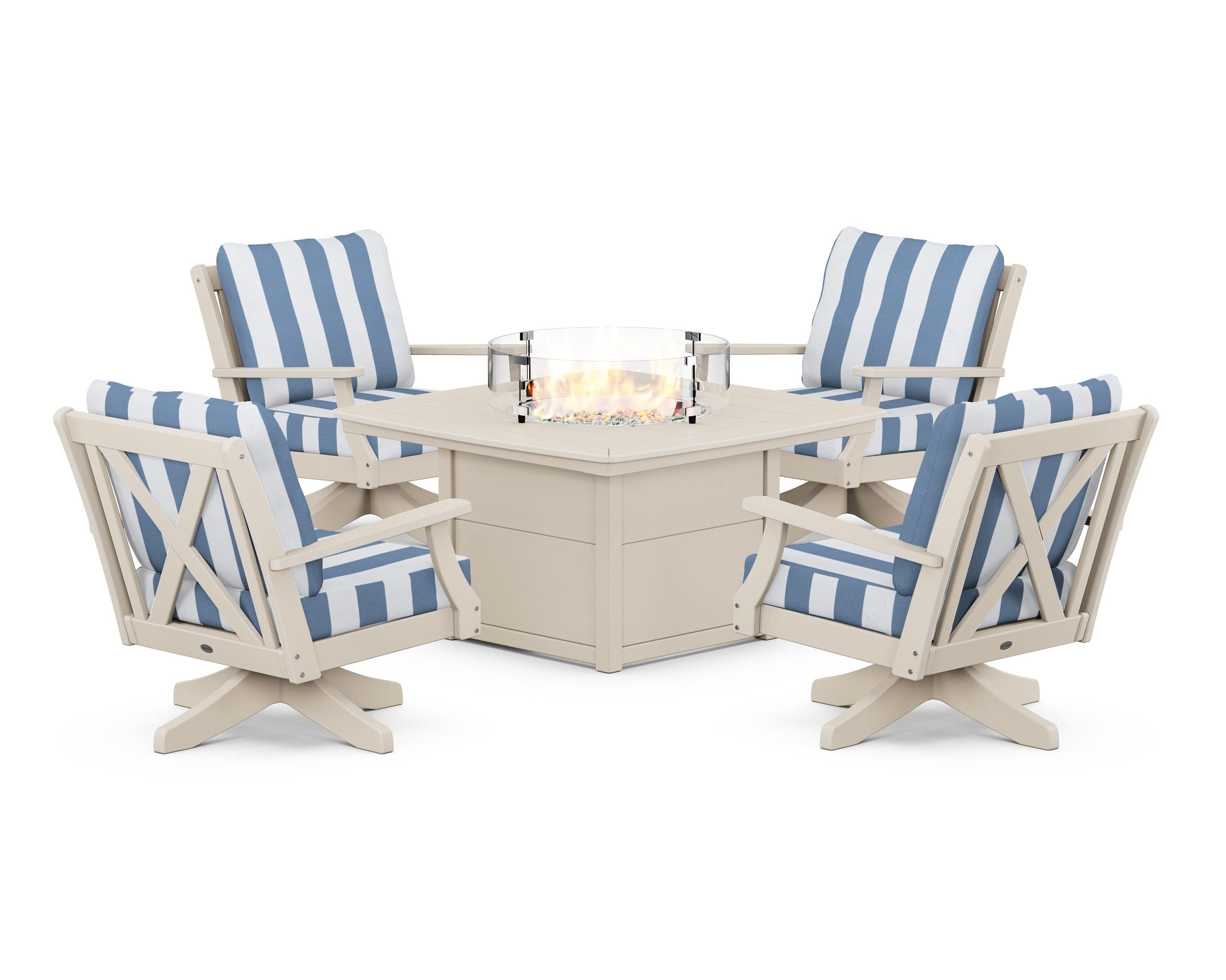 POLYWOOD® Braxton 5-Piece Deep Seating Swivel Conversation Set with Fire Pit Table in Sand / Cabana Stripe Sky Blue