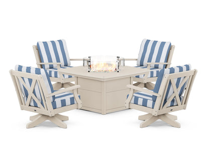 POLYWOOD® Braxton 5-Piece Deep Seating Swivel Conversation Set with Fire Pit Table in Sand / Cabana Stripe Sky Blue