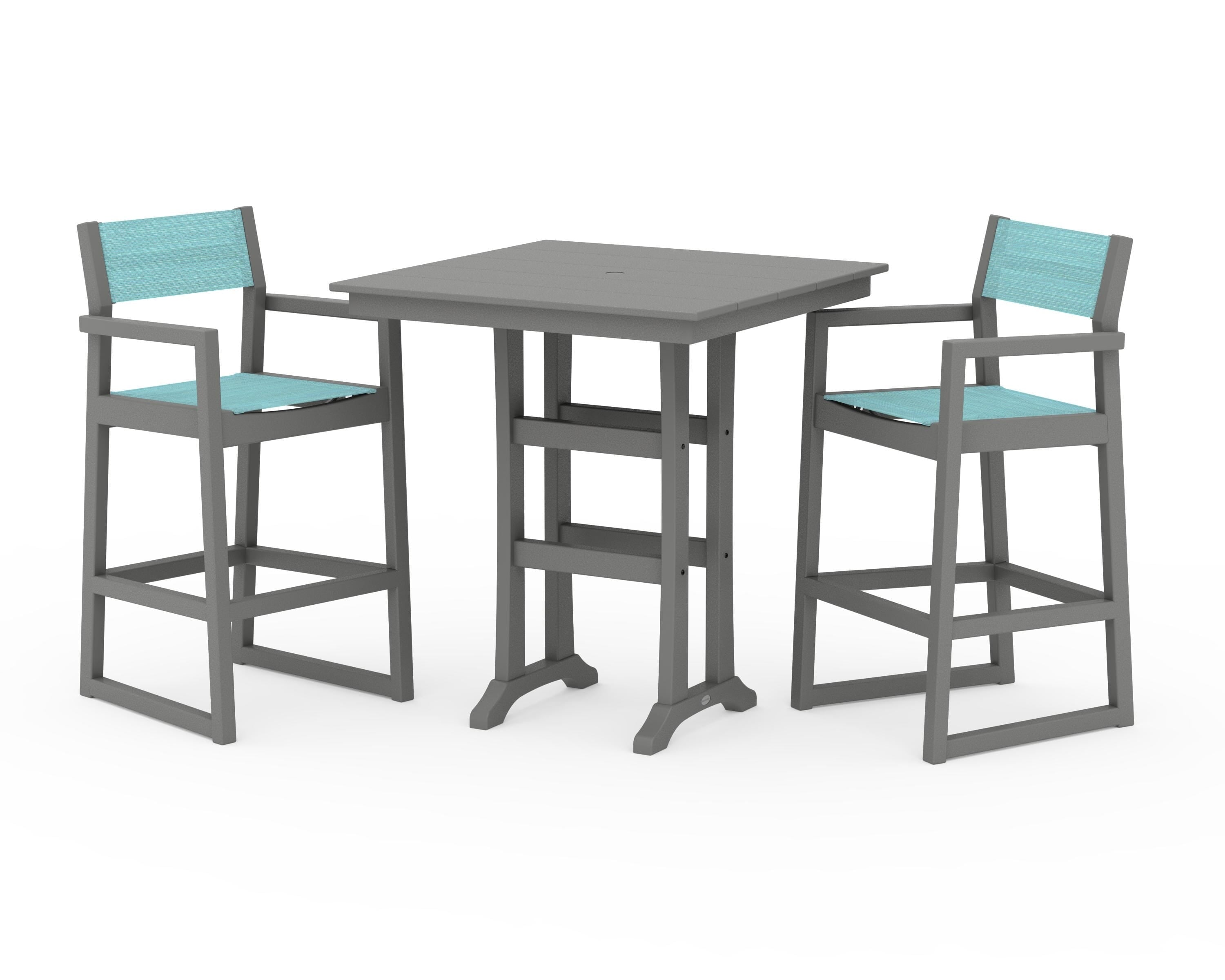 POLYWOOD® EDGE Sling Arm Chair 3-Piece Farmhouse Bar Set with Trestle Legs in Slate Grey / Dupioni Aquamarine Sling