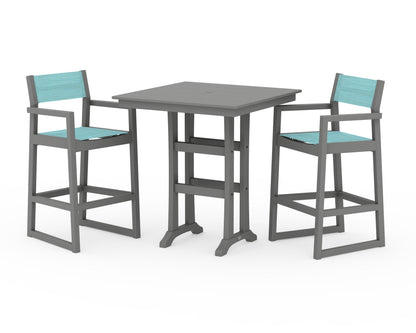 POLYWOOD® EDGE Sling Arm Chair 3-Piece Farmhouse Bar Set with Trestle Legs in Slate Grey / Dupioni Aquamarine Sling