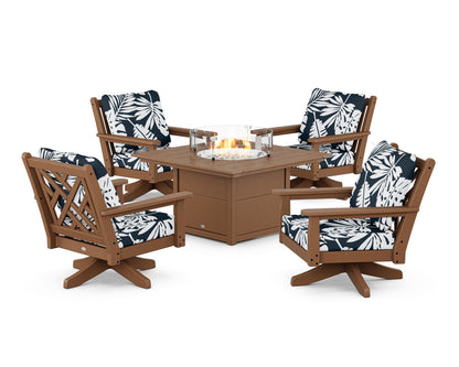 POLYWOOD® Chippendale 5-Piece Deep Seating Swivel Conversation Set with Fire Pit Table in Teak / Leaf Marine Indigo