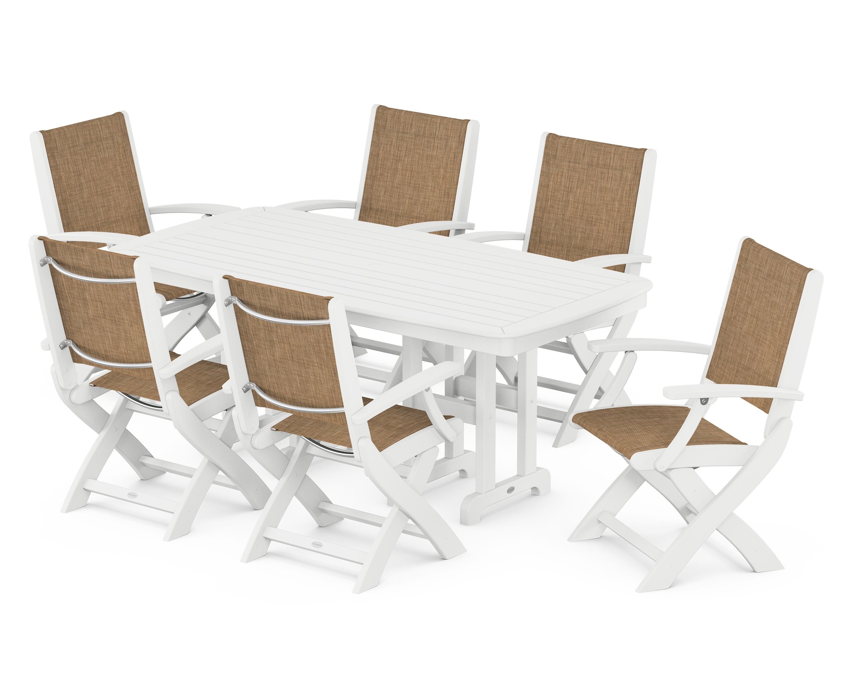 POLYWOOD® Coastal Folding Arm Chair 7-Piece Dining Set in White / Burlap Sling