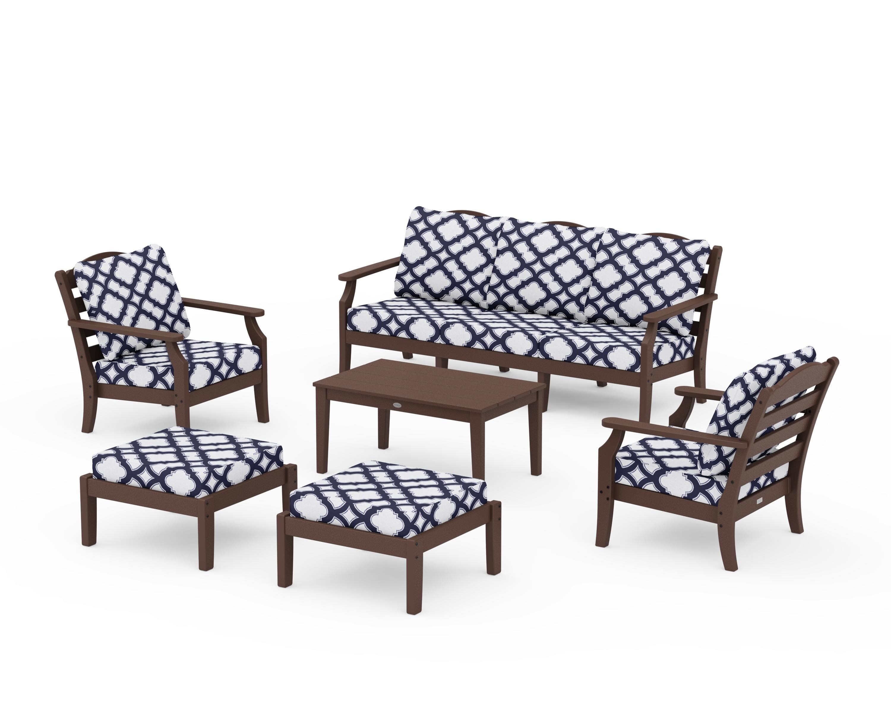 Draper James™ by  POLYWOOD® Savannah 6-Piece Lounge Sofa Set in Mahogany / Trellis Navy