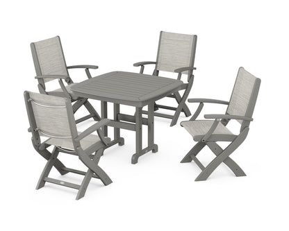 POLYWOOD® Coastal Folding Chair 5-Piece Dining Set in Slate Grey / Birch Sling