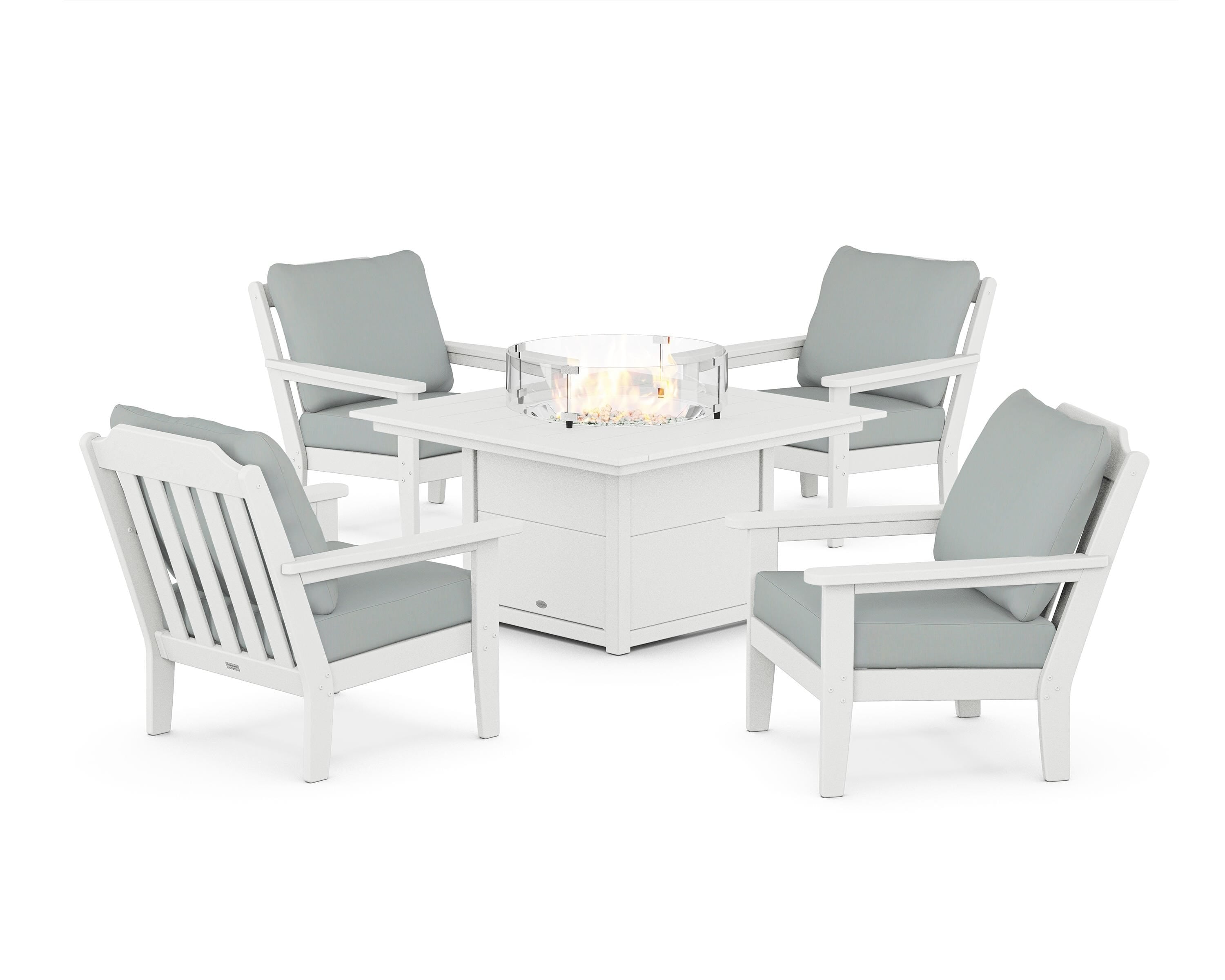 Country Living Cottage 5-Piece Deep Seating Set with Fire Pit Table in White / Spa