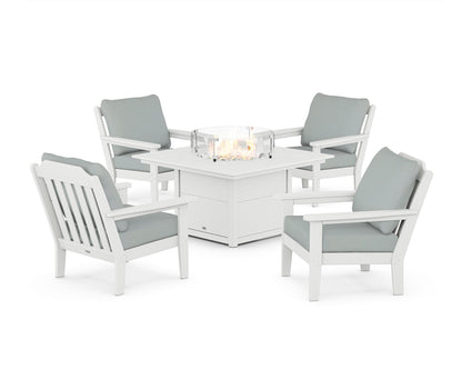 Country Living Cottage 5-Piece Deep Seating Set with Fire Pit Table in White / Spa