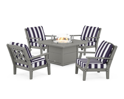 Martha Stewart by POLYWOOD® Chinoiserie 5-Piece Deep Seating Set with Fire Pit Table in Slate Grey / Cabana Stripe Navy