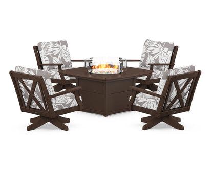 POLYWOOD® Braxton 5-Piece Deep Seating Swivel Conversation Set with Fire Pit Table in Mahogany / Leaf Grey Mist