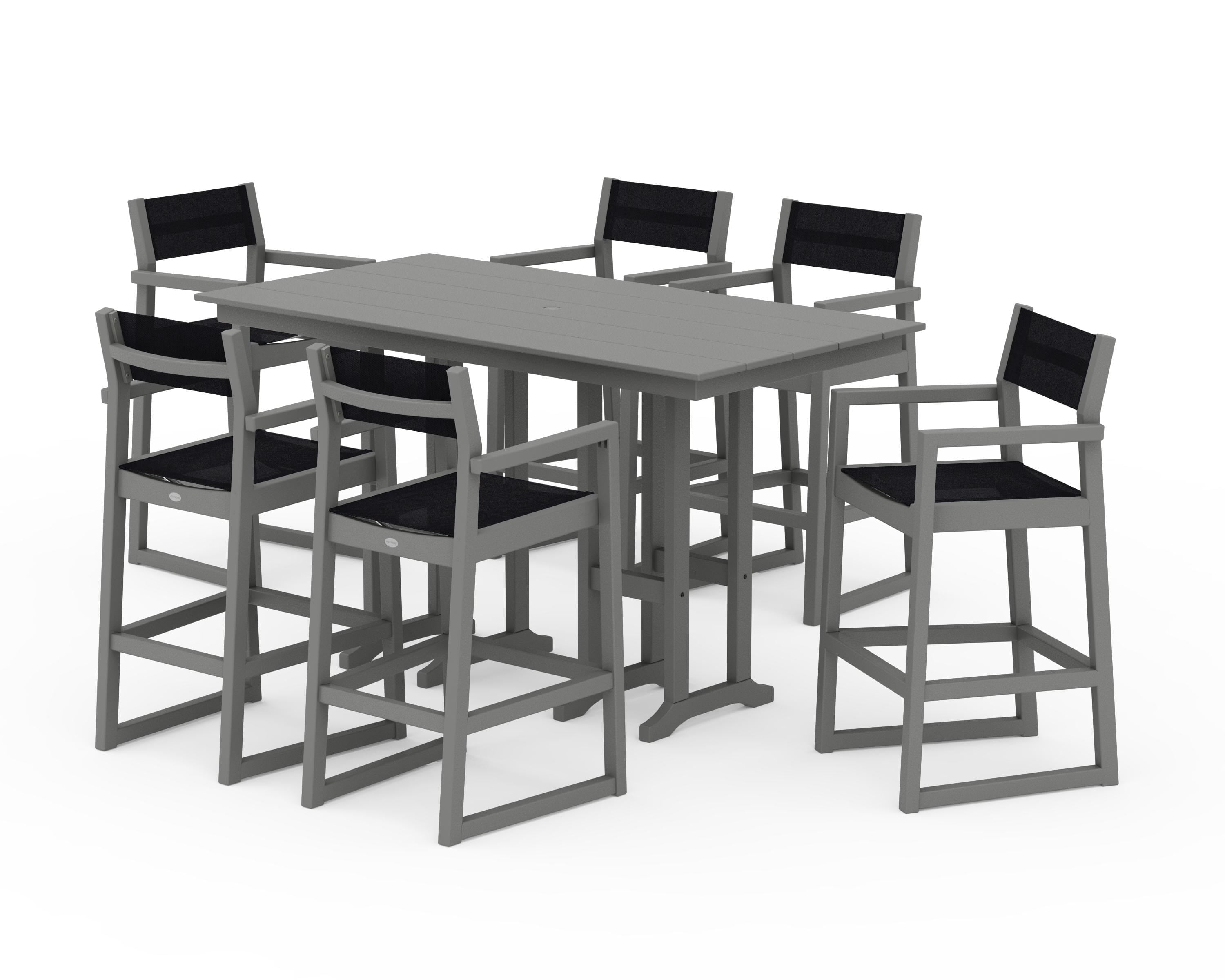 POLYWOOD® EDGE Sling Arm Chair 7-Piece Farmhouse Bar Set in Slate Grey / Black Sling