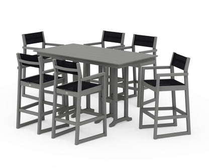 POLYWOOD® EDGE Sling Arm Chair 7-Piece Farmhouse Bar Set in Slate Grey / Black Sling