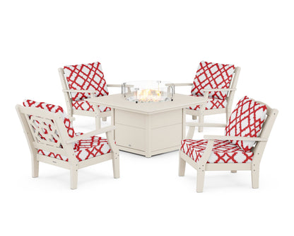 Martha Stewart by POLYWOOD® Chinoiserie 5-Piece Deep Seating Set with Fire Pit Table in Sand / Trellis Crimson