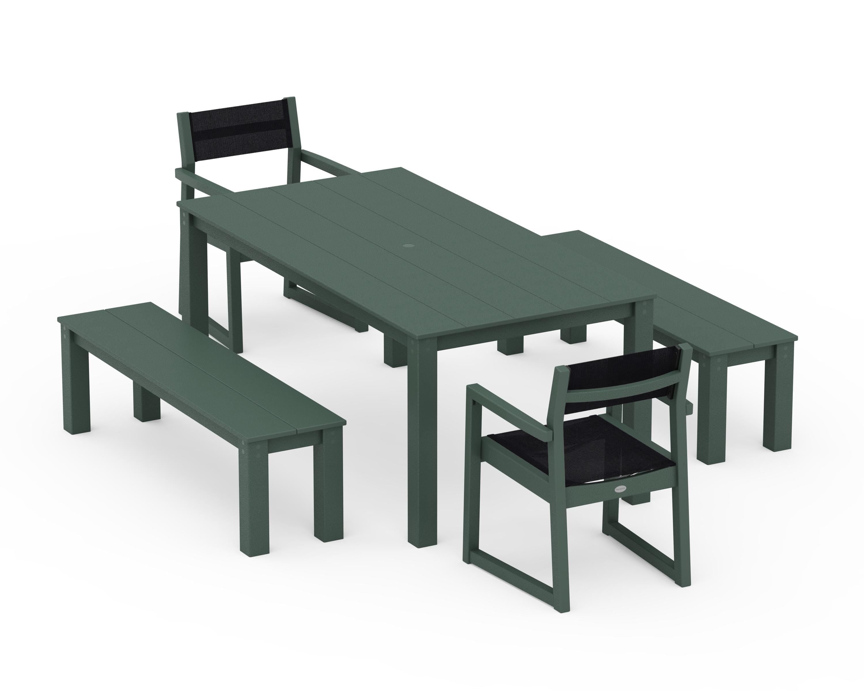 POLYWOOD® EDGE Sling Arm Chair 5-Piece Parsons Dining Set with Benches in Green / Black Sling