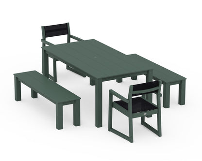 POLYWOOD® EDGE Sling Arm Chair 5-Piece Parsons Dining Set with Benches in Green / Black Sling