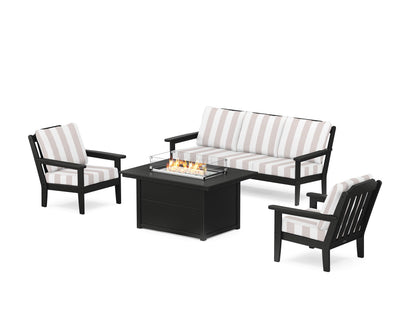 Country Living Cottage Deep Seating Fire Pit Table Set in Black / Cabana Stripe Dune Burlap