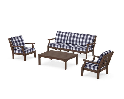 Martha Stewart by POLYWOOD® Chinoiserie 4-Piece Deep Seating Set with Sofa in Mahogany / Buffalo Plaid Navy