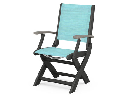 POLYWOOD® Coastal Folding Chair in Black / Driftwood / Dupioni Aquamarine Sling
