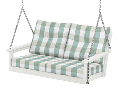 POLYWOOD® Vineyard Deep Seating Swing in Vintage White / Buffalo Plaid Glacier Spa