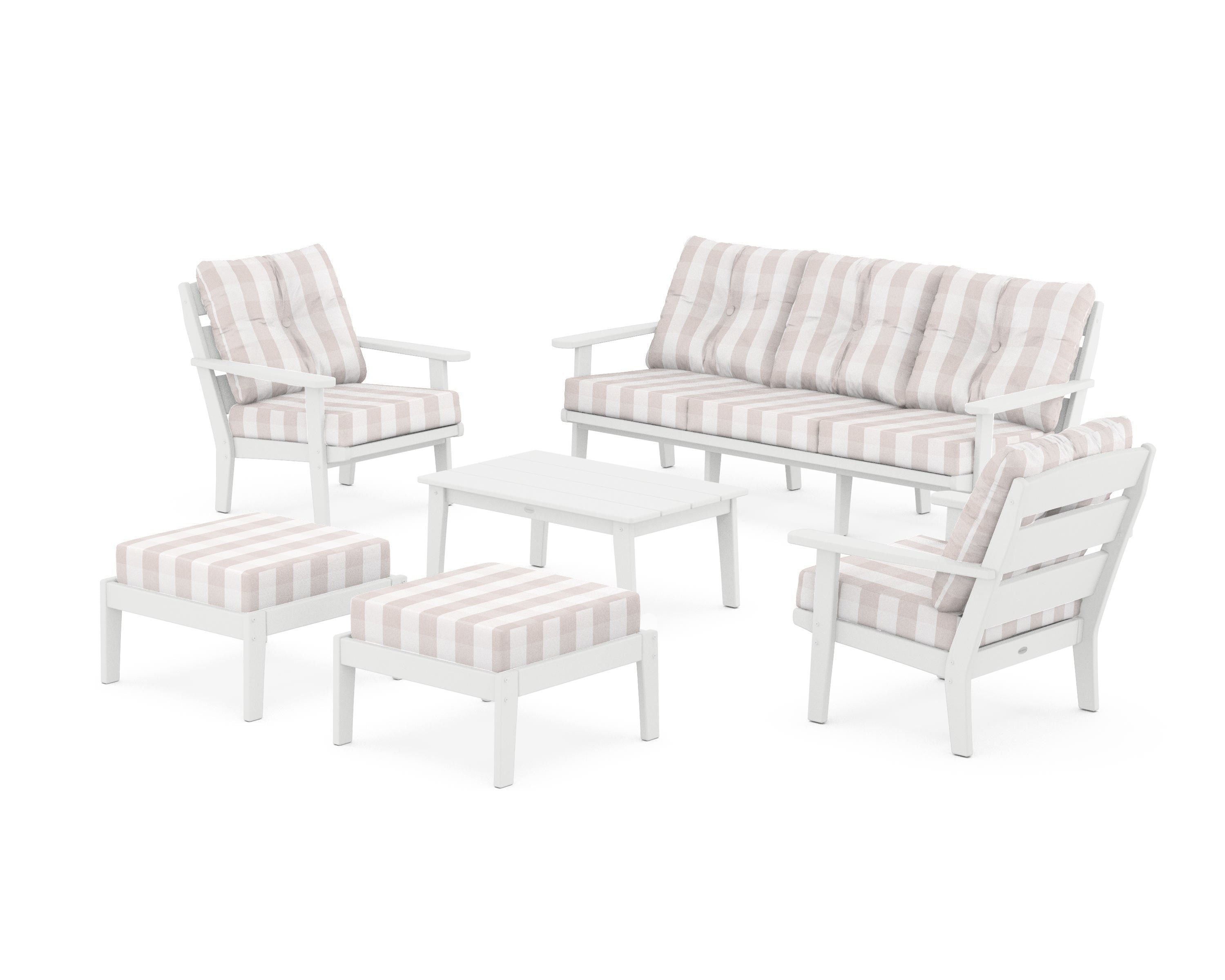 POLYWOOD® Lakeside 6-Piece Lounge Sofa Set in White / Buffalo Plaid Dune Burlap