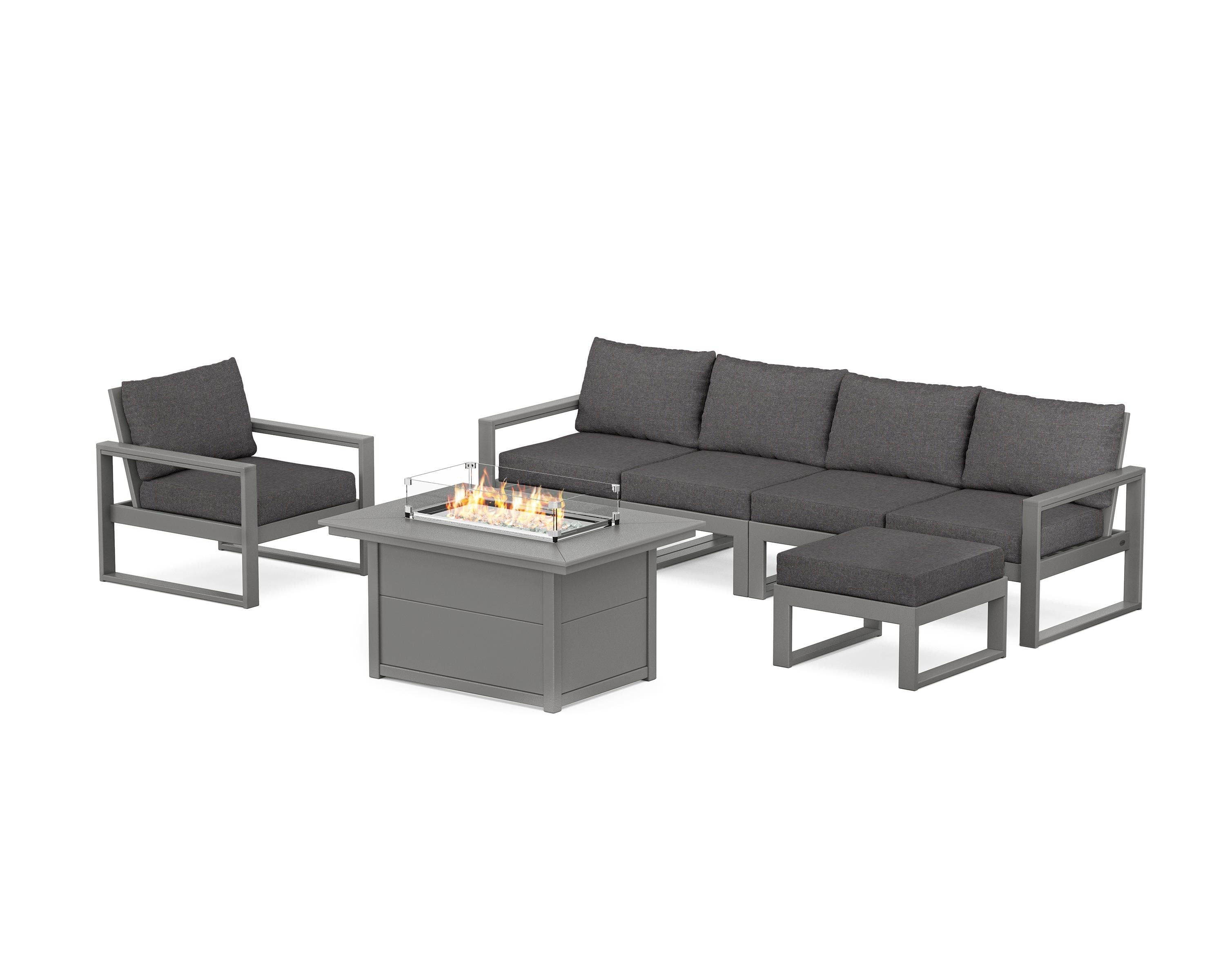 POLYWOOD® EDGE Sectional Lounge and Fire Pit Set in Slate Grey / Ash Charcoal